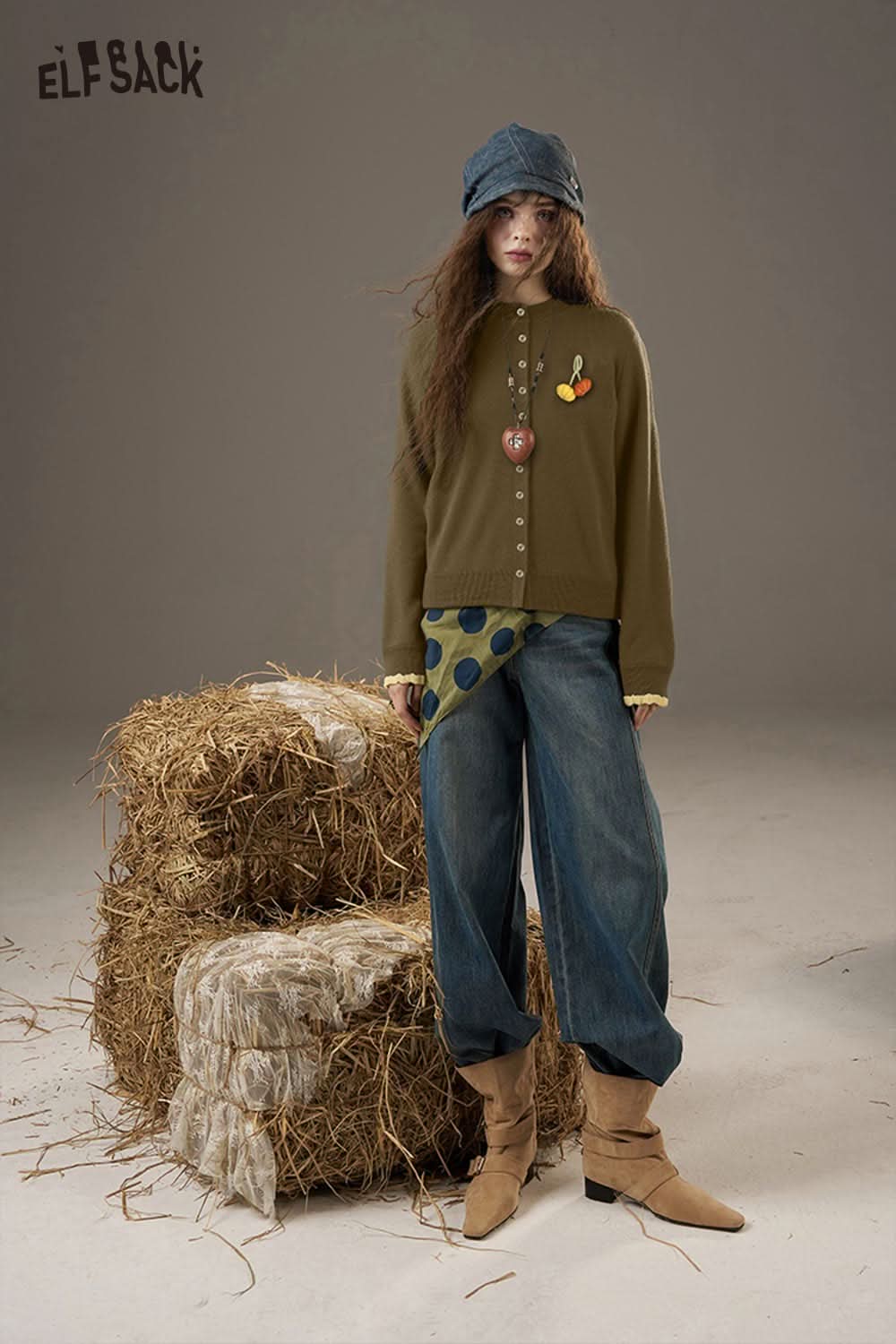 ELFSACK pumpkin embroidery knit cardigan in brown with playful design and button details