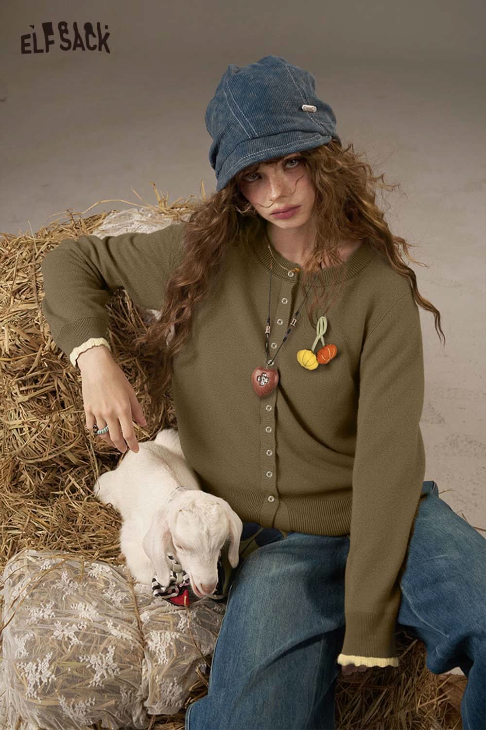 ELFSACK pumpkin embroidery knit cardigan in olive green with decorative buttons and autumn-themed details
