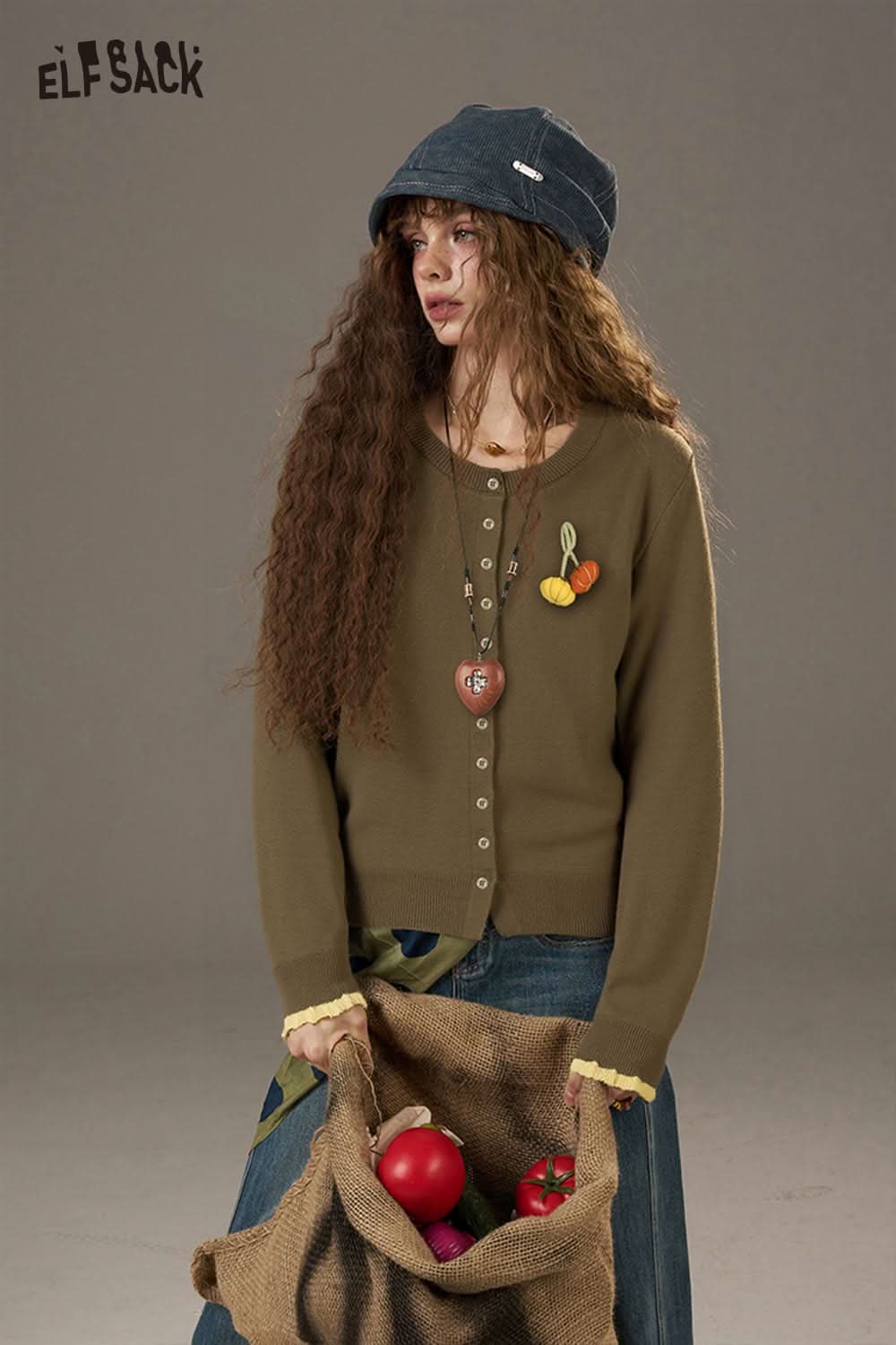 ELFSACK pumpkin embroidery knit cardigan in earthy tones with button closure and cozy fit