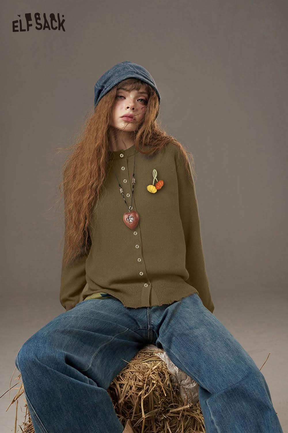 ELFSACK pumpkin embroidery knit cardigan in olive green with button detail and unique accessories