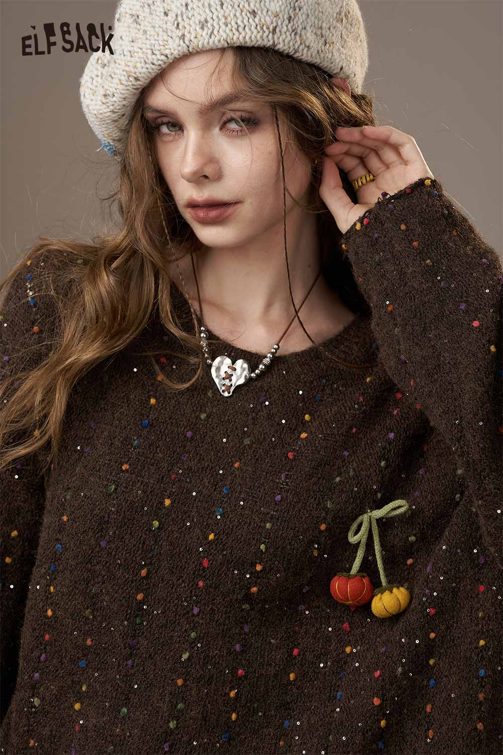 ELFSACK pumpkin motif knit sweater featuring colorful speckles and cute pumpkin embroidery