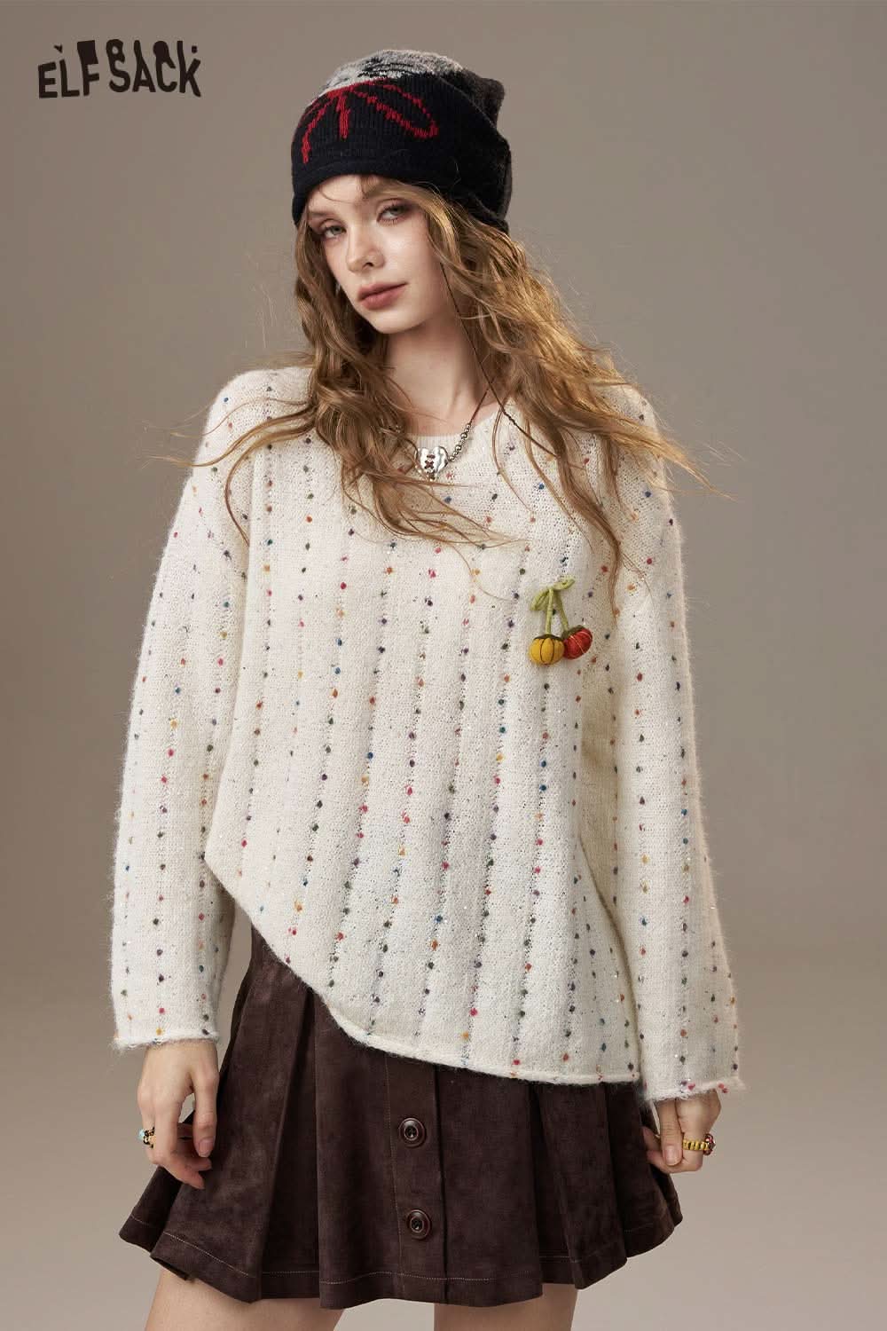 ELFSACK pumpkin motif knit sweater with colorful dots and unique asymmetrical design