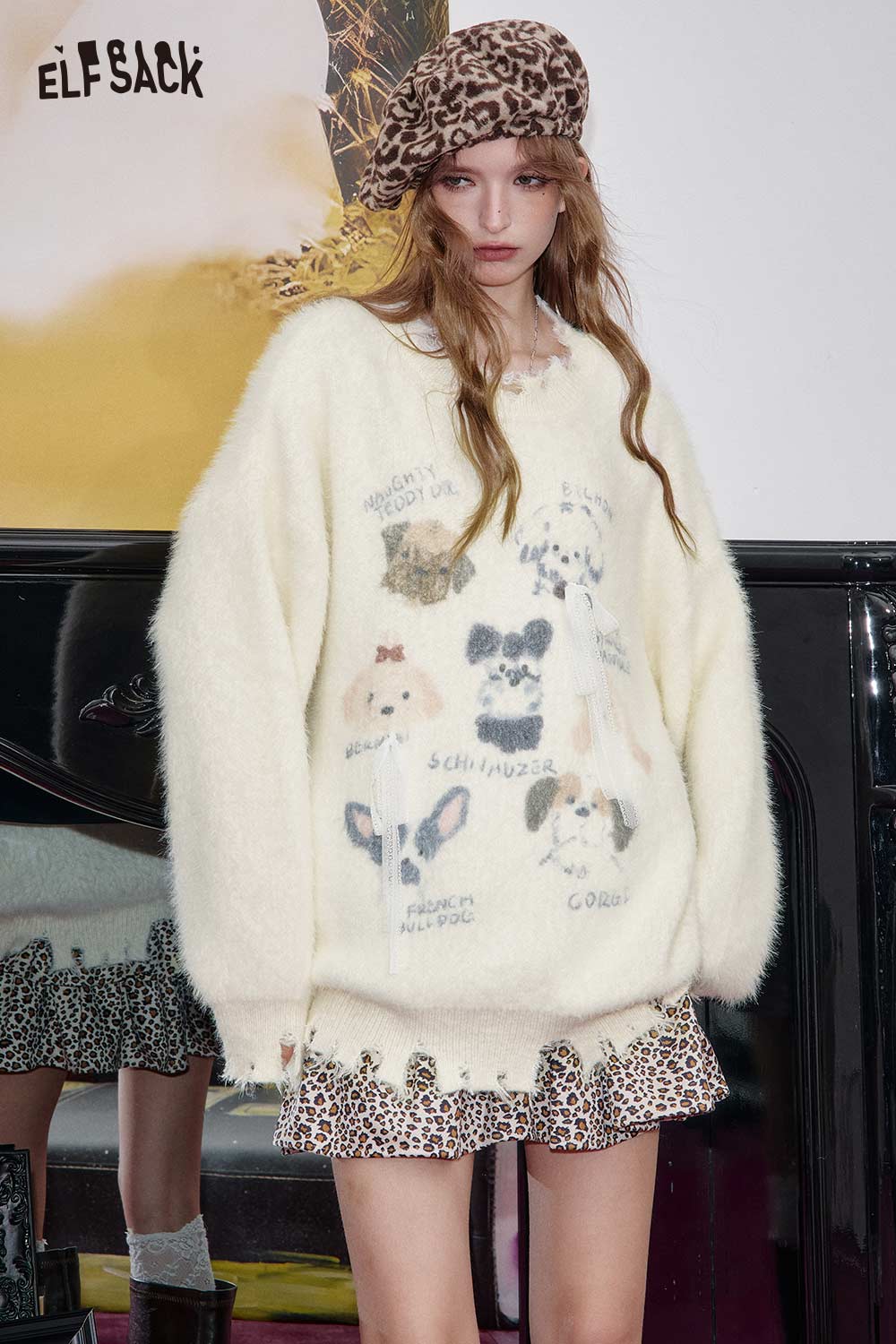 ELFSACK puppy motif oversized sweater in cream featuring playful dog designs for a cozy look