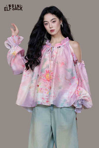 Purple Butterfly One-Shoulder Blouse