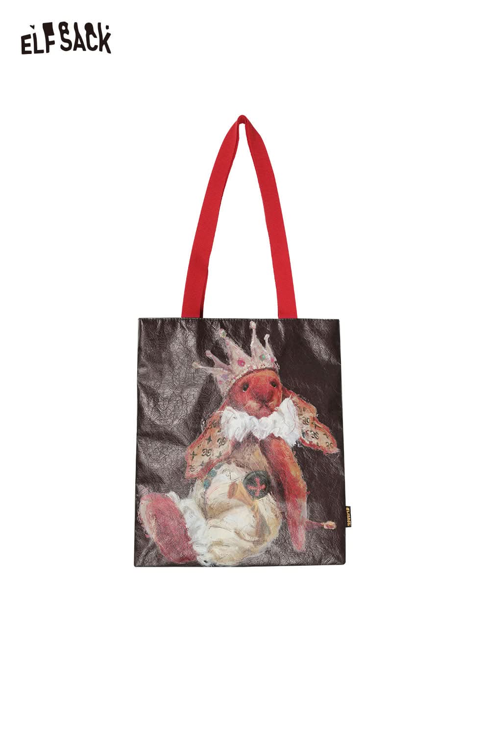 ELFSACK rabbit art tote bag featuring a colorful rabbit design with red handles for stylish carrying