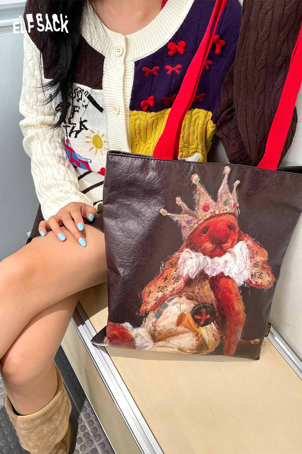 ELFSACK rabbit art tote bag featuring a royal rabbit design with a red crown and plush details