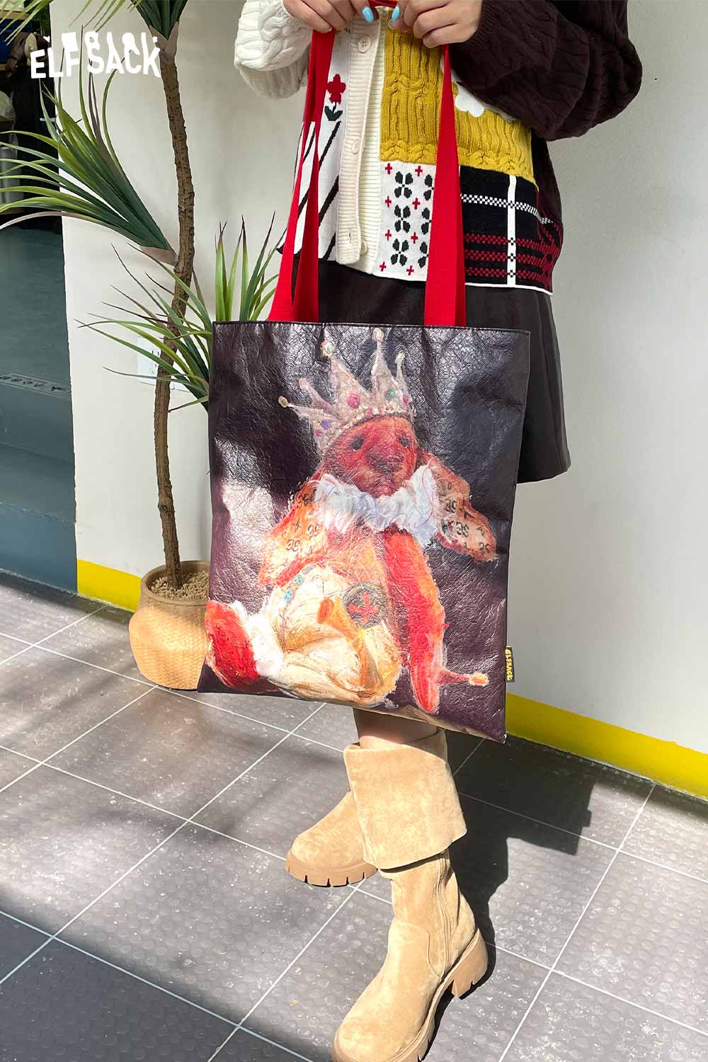 ELFSACK rabbit art tote bag featuring a colorful rabbit design with vibrant straps for stylish carry