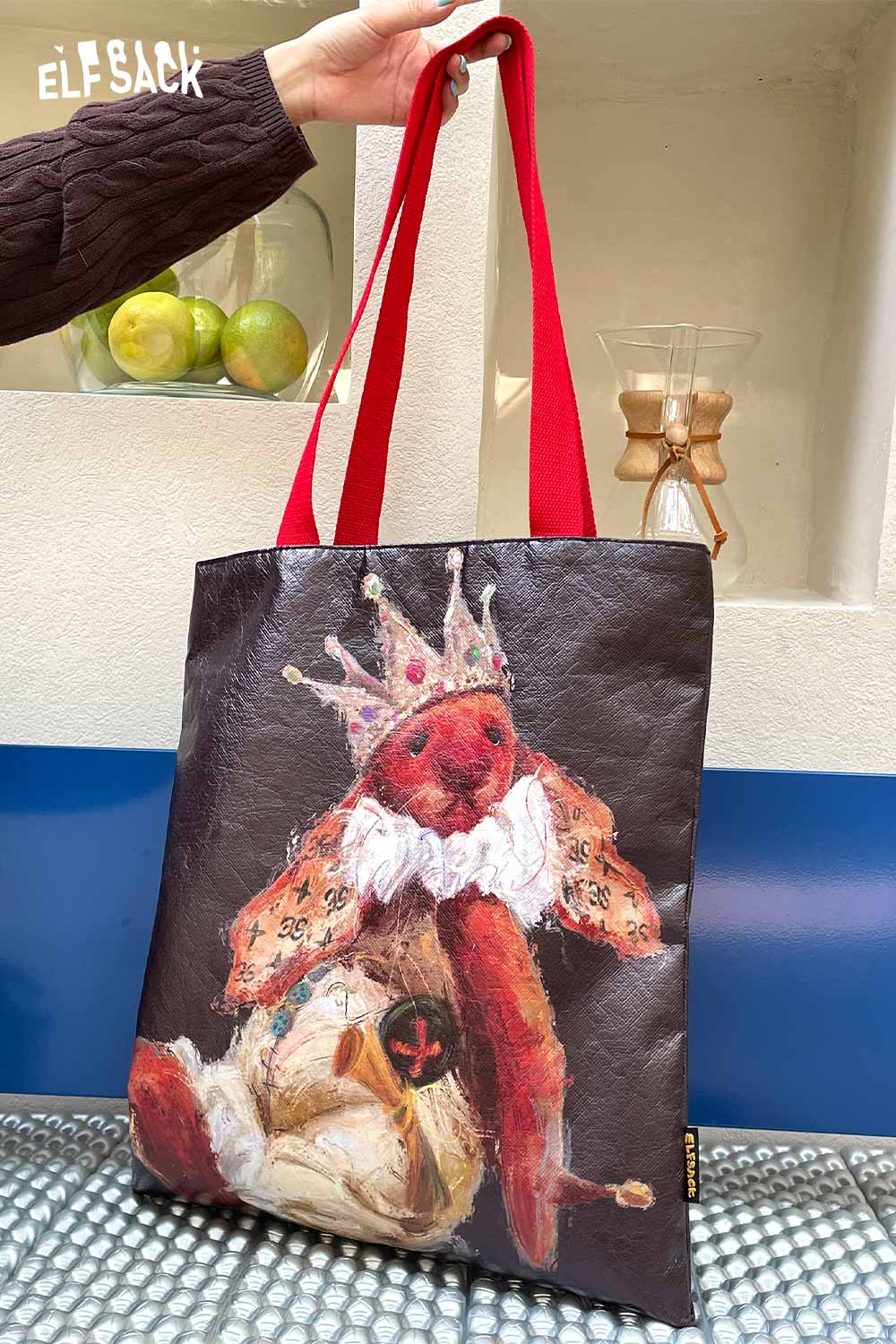 ELFSACK rabbit art tote bag featuring a colorful rabbit design with a royal crown and festive costume