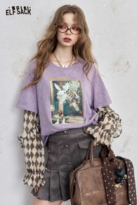 Rabbit Print Graphic Tee Argyle Patchwork
