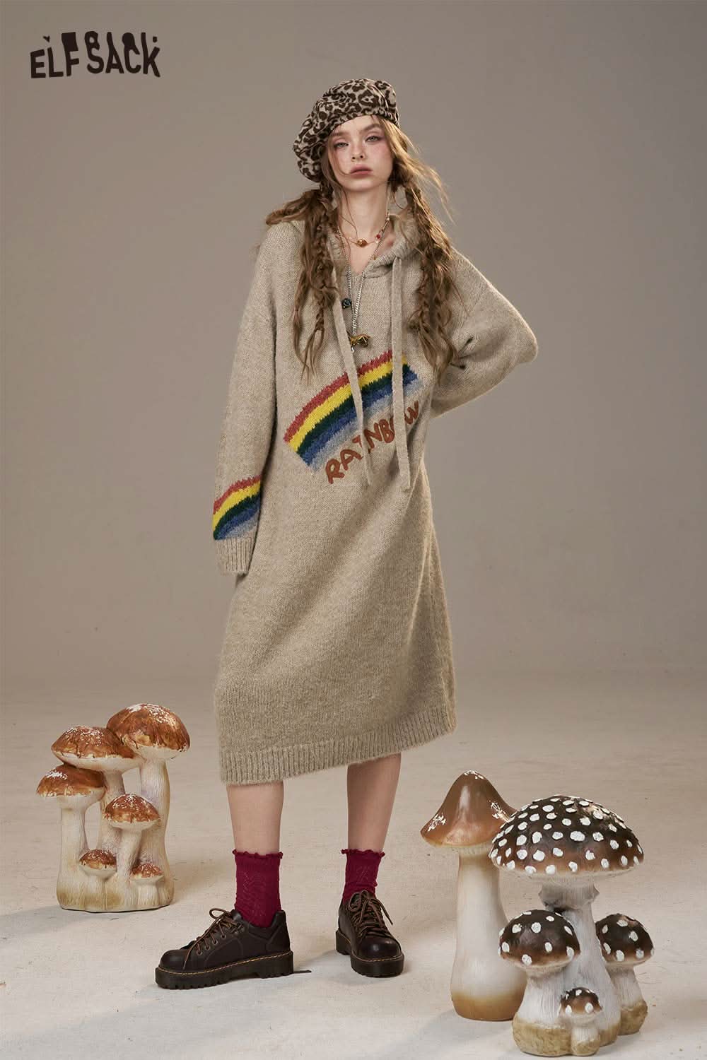 ELFSACK rainbow cartoon sweater dress in beige with rainbow graphic and drawstring hood