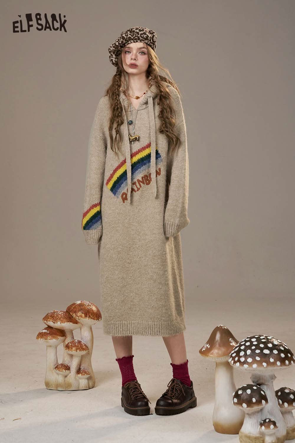 ELFSACK rainbow cartoon sweater dress featuring a colorful rainbow design for a cozy and stylish look