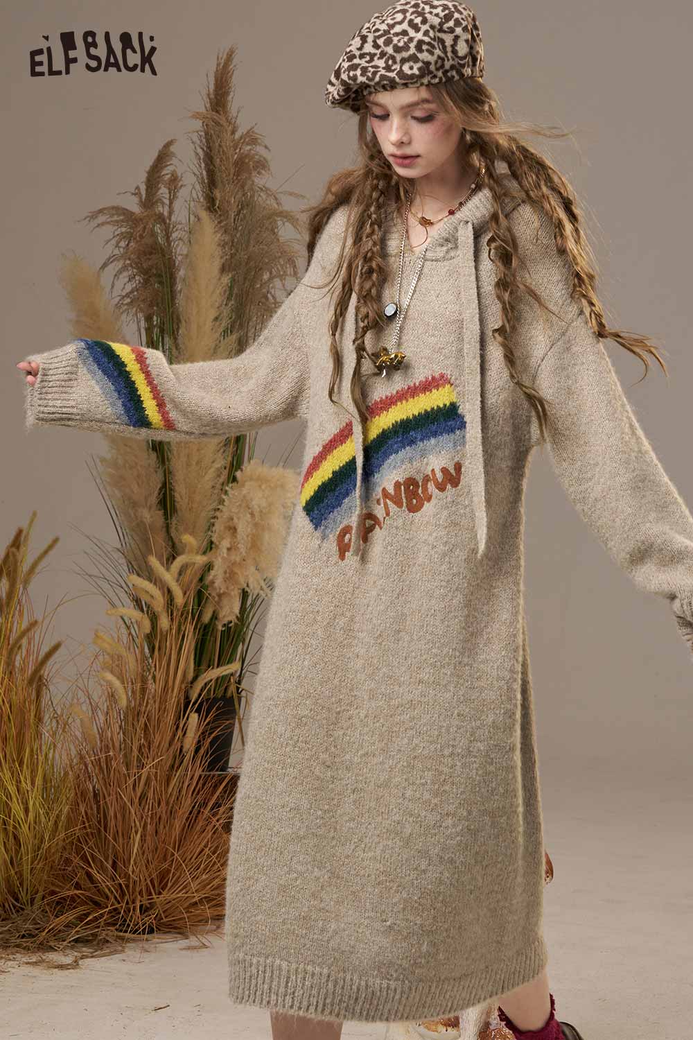 ELFSACK rainbow cartoon sweater dress with a cozy design and colorful rainbow stripes