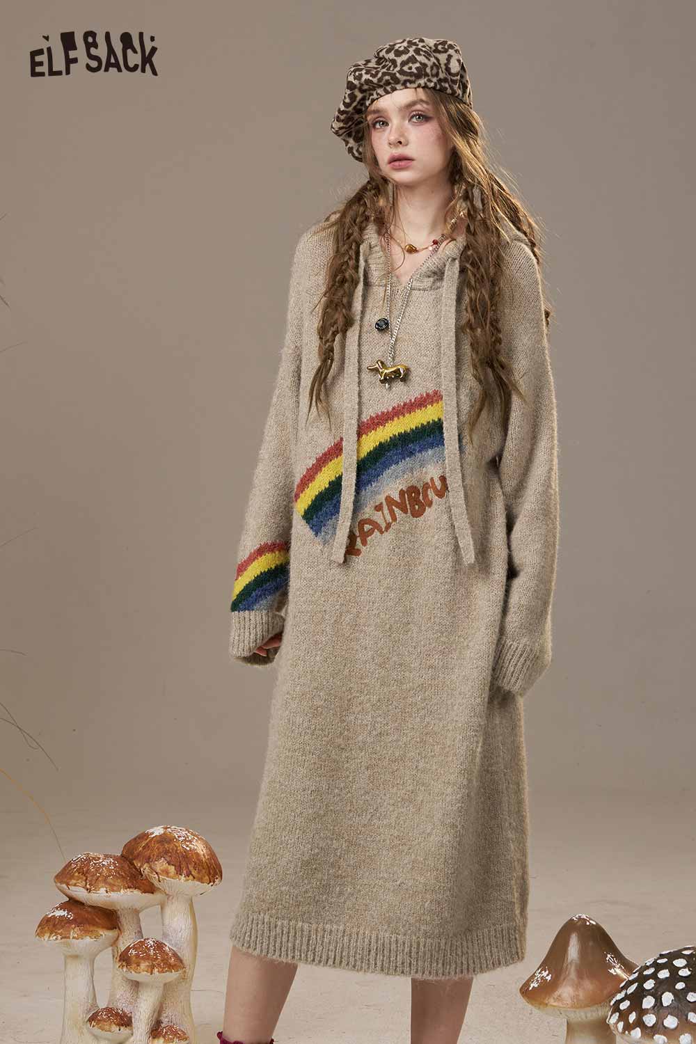 ELFSACK rainbow cartoon sweater dress with a cozy fit and colorful rainbow detail for a trendy look