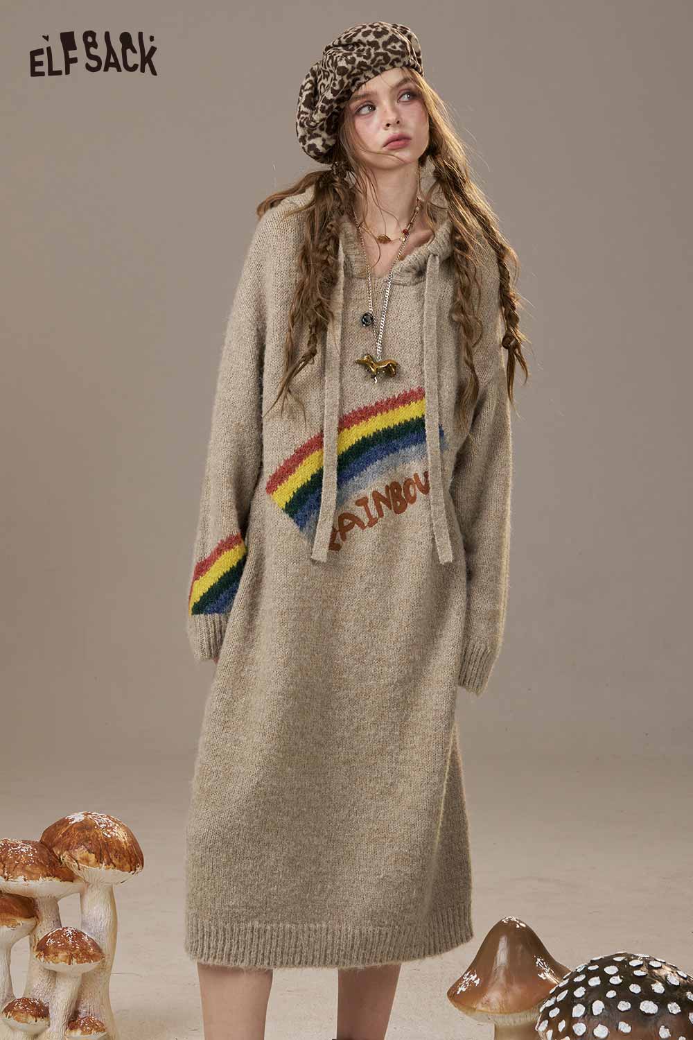 ELFSACK Rainbow Cartoon Sweater Dress with a cozy fit and colorful rainbow design on a neutral background