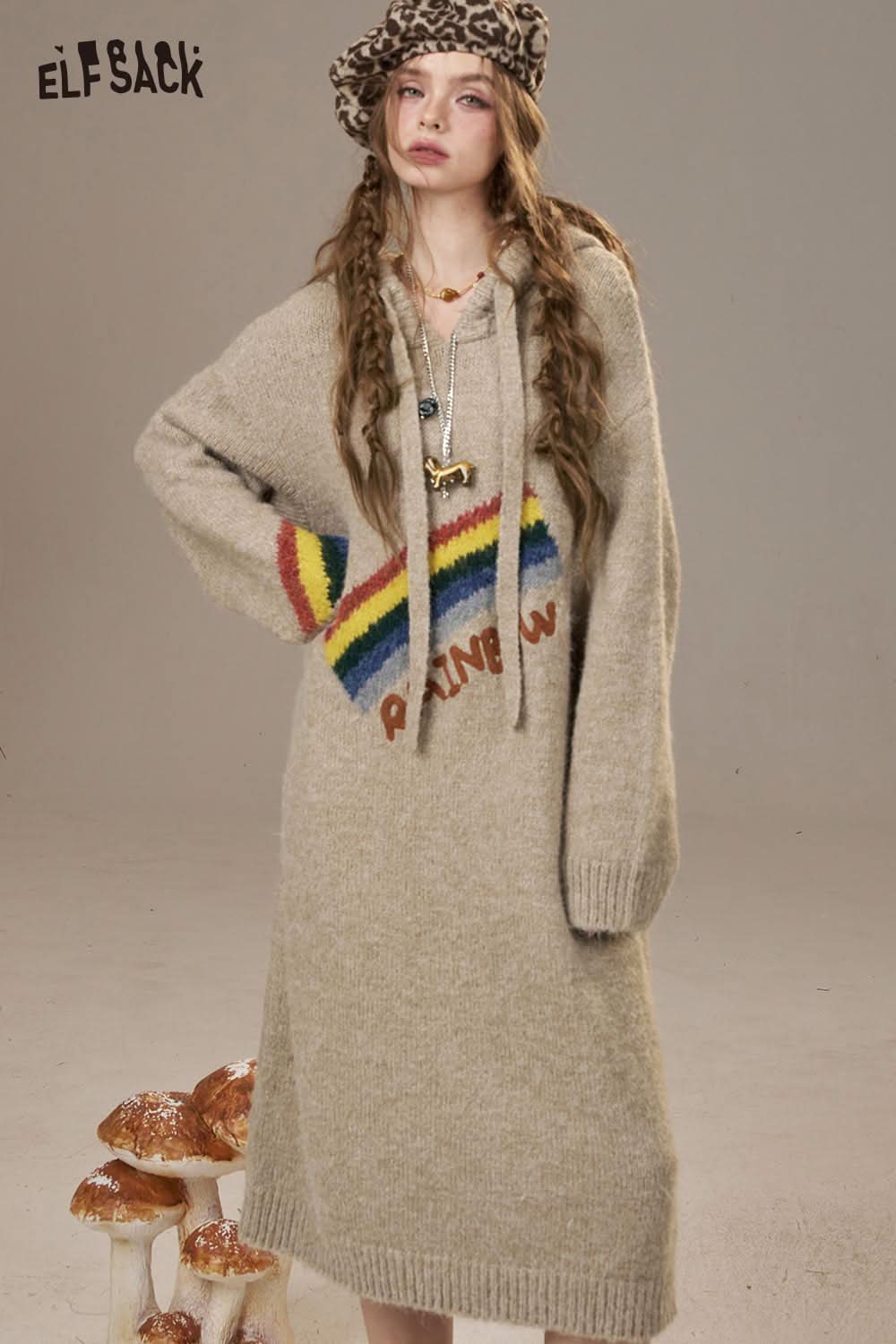 ELFSACK rainbow cartoon sweater dress with a cozy hood and colorful striped sleeves for a stylish look