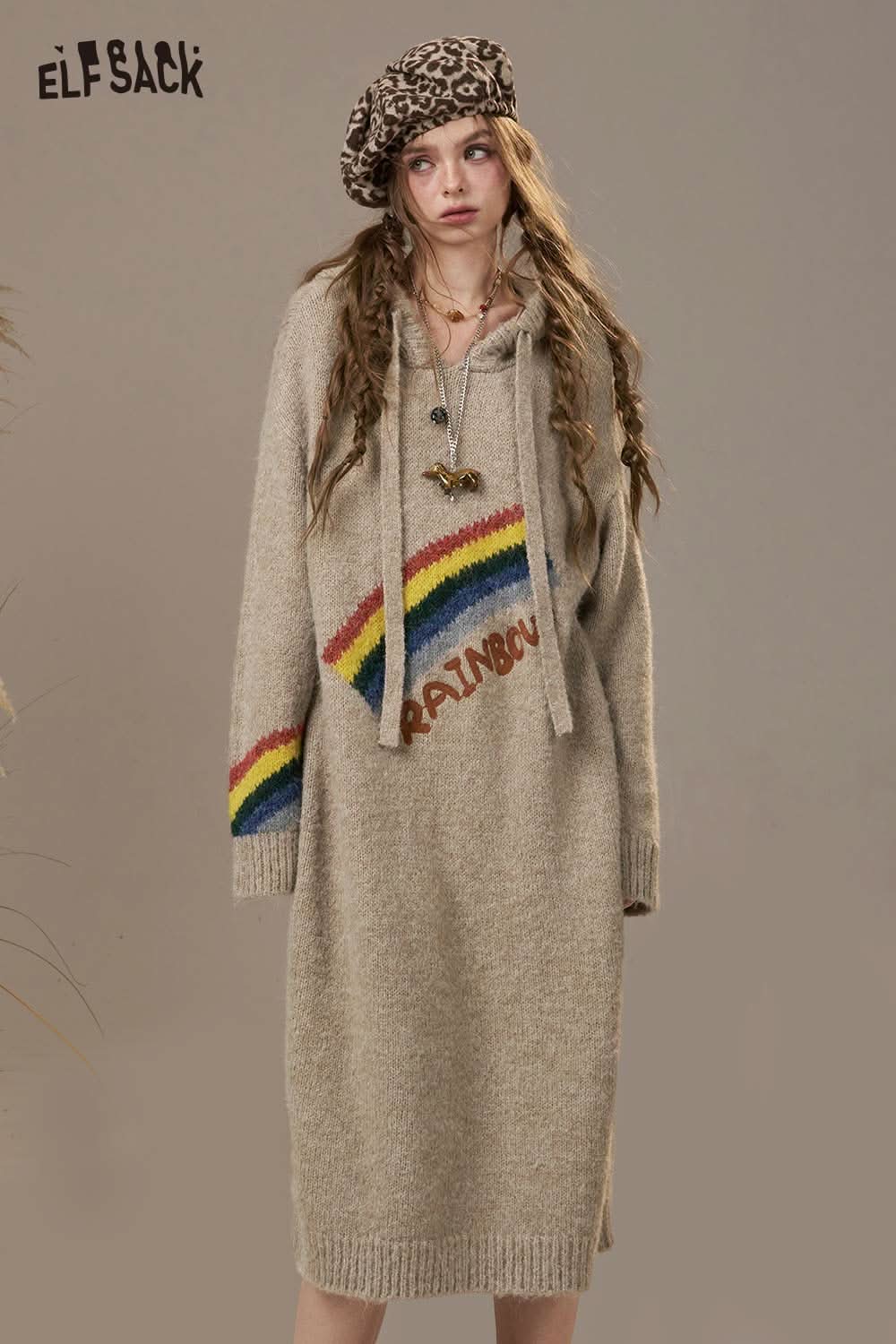 ELFSACK rainbow cartoon sweater dress with a cozy design and colorful rainbow detailing
