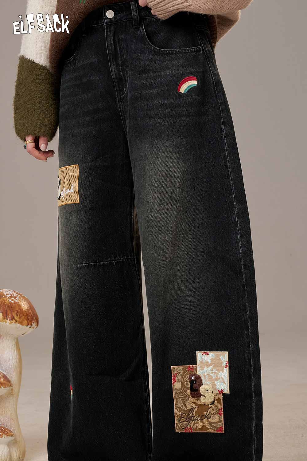 ELFSACK rainbow embroidery wide leg jeans with patches and a relaxed fit for a trendy look