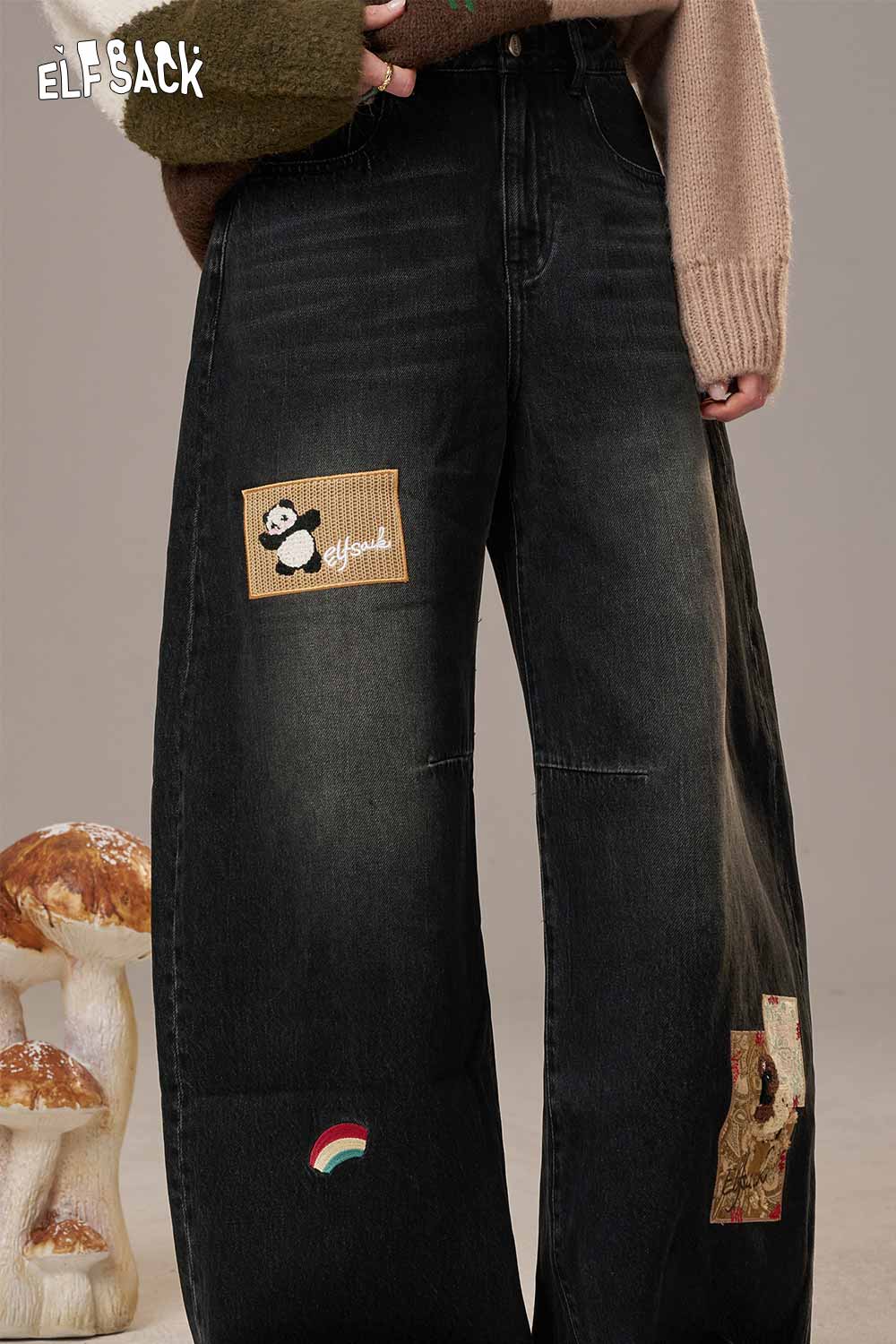 ELFSACK rainbow embroidery wide leg jeans featuring unique patches and a relaxed fit