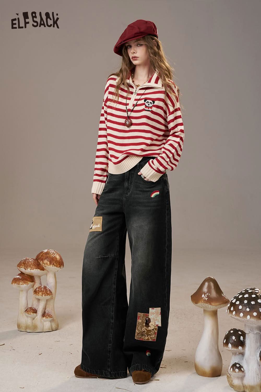 ELFSACK rainbow embroidery wide leg jeans with patchwork design for a trendy and casual look