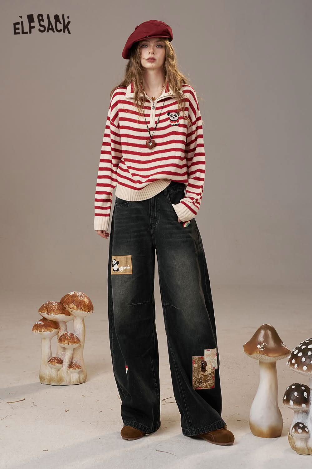 ELFSACK rainbow embroidery wide leg jeans with a relaxed fit and unique patches, styled with a striped sweater