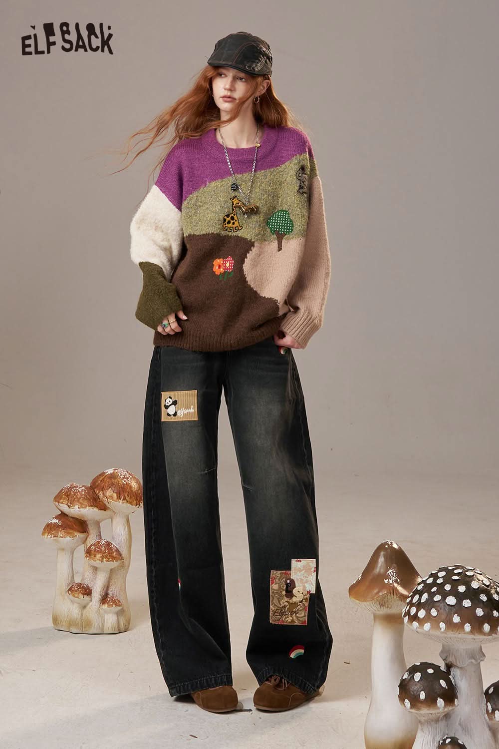 ELFSACK rainbow embroidery wide leg jeans paired with a colorful sweater for a trendy look