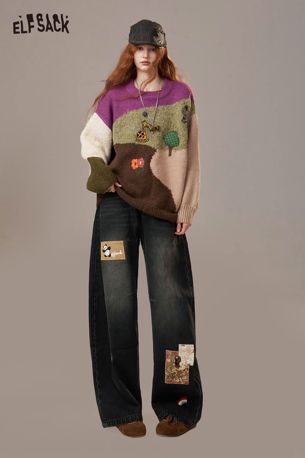 ELFSACK rainbow embroidery wide leg jeans with unique patches and a relaxed fit for stylish comfort