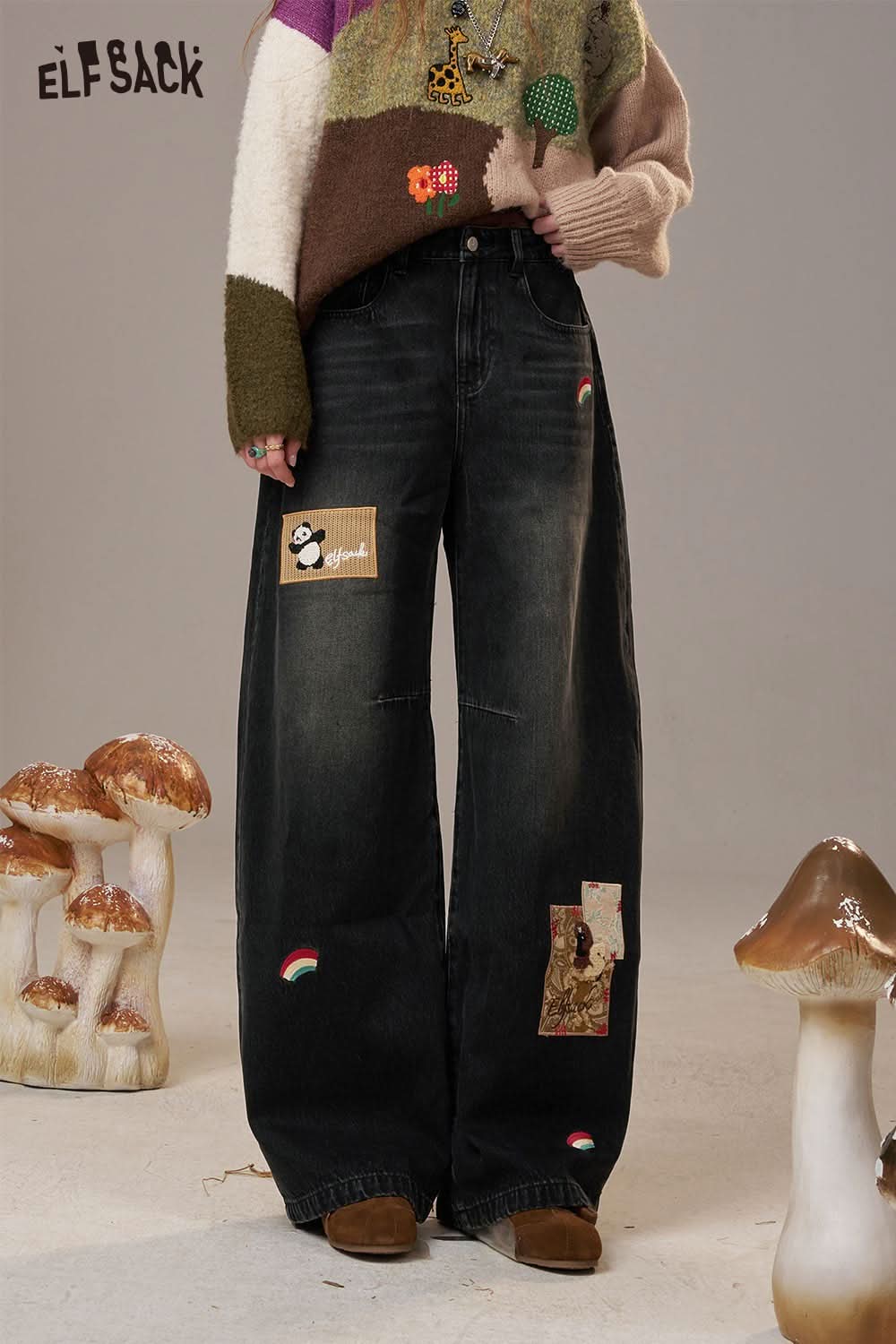 ELFSACK rainbow embroidery wide leg jeans with playful patches and oversized fit