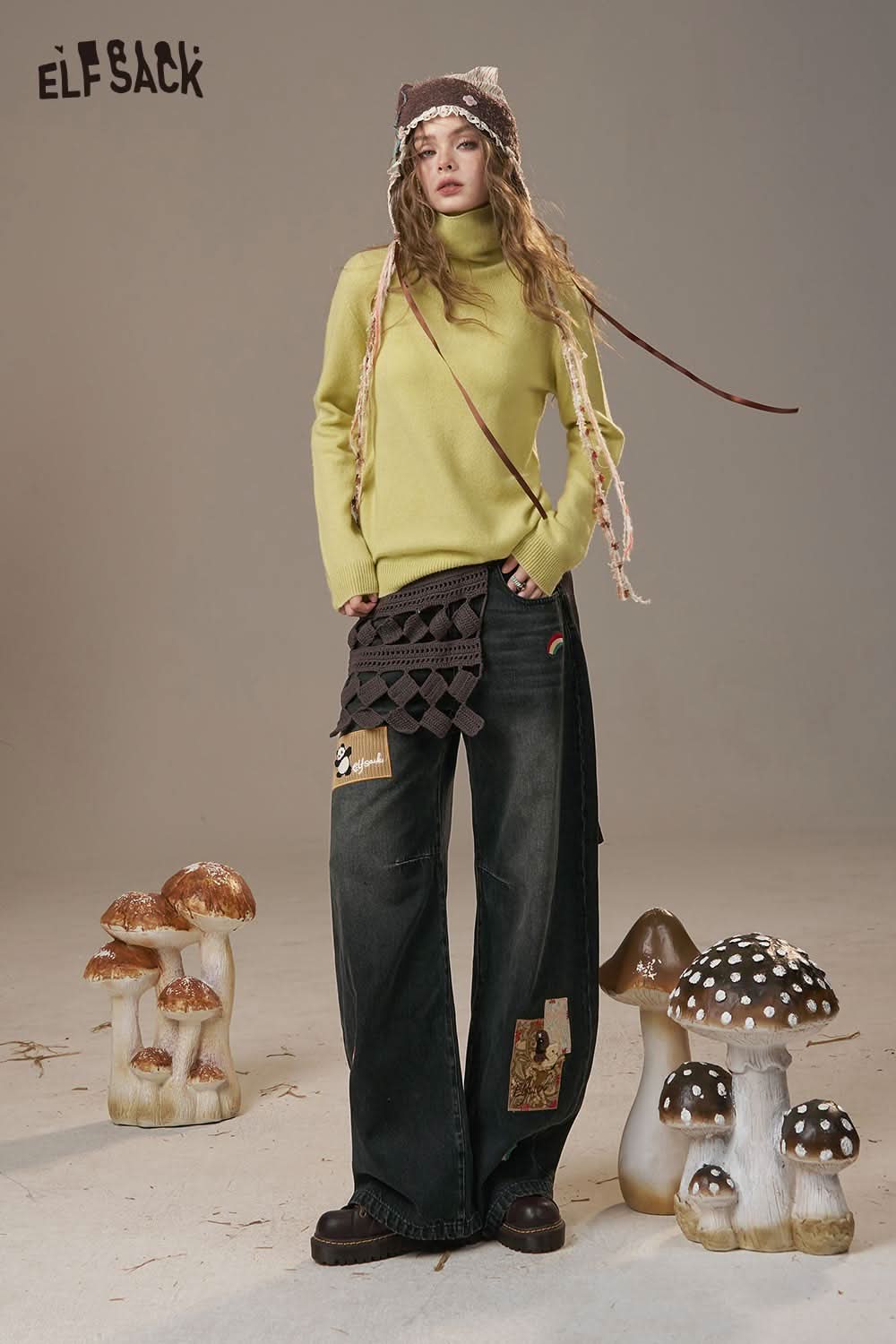 ELFSACK rainbow embroidery wide leg jeans styled with a vibrant yellow sweater for a trendy look