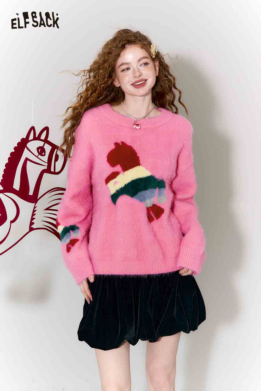 ELFSACK pink rainbow pony sweater for women with colorful pony design and cozy fit