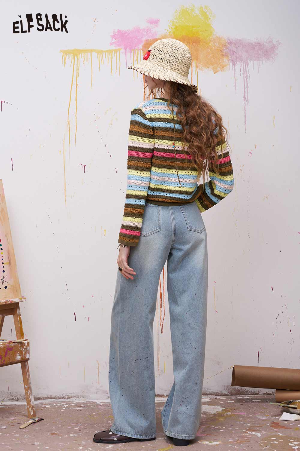 ELFSACK Rainbow Striped Knit Sweater with Colorful Ombre