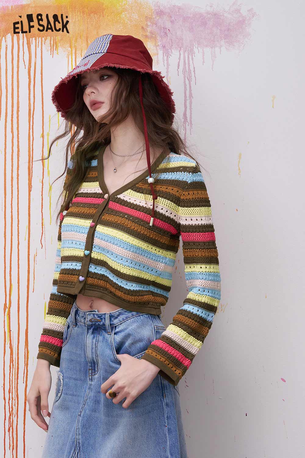 ELFSACK Rainbow Striped Knit Sweater with Colorful Ombre