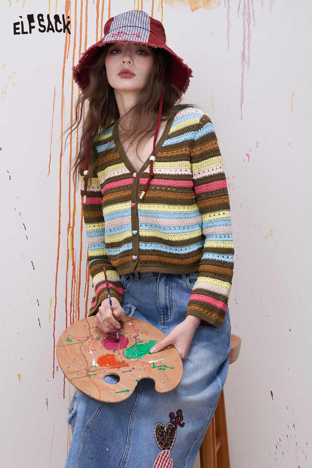 ELFSACK Rainbow Striped Knit Sweater with Colorful Ombre