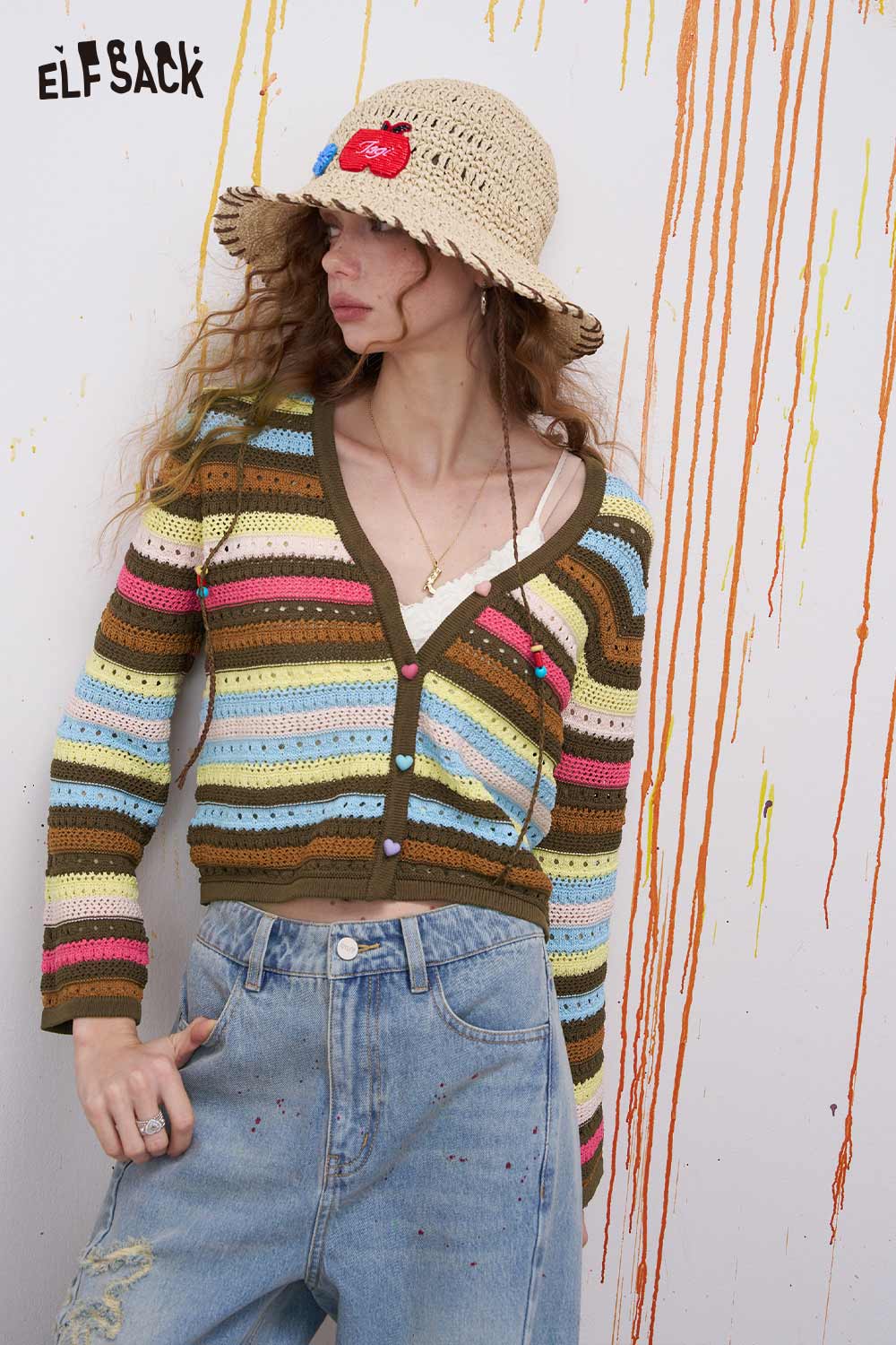 ELFSACK Rainbow Striped Knit Sweater with Colorful Ombre