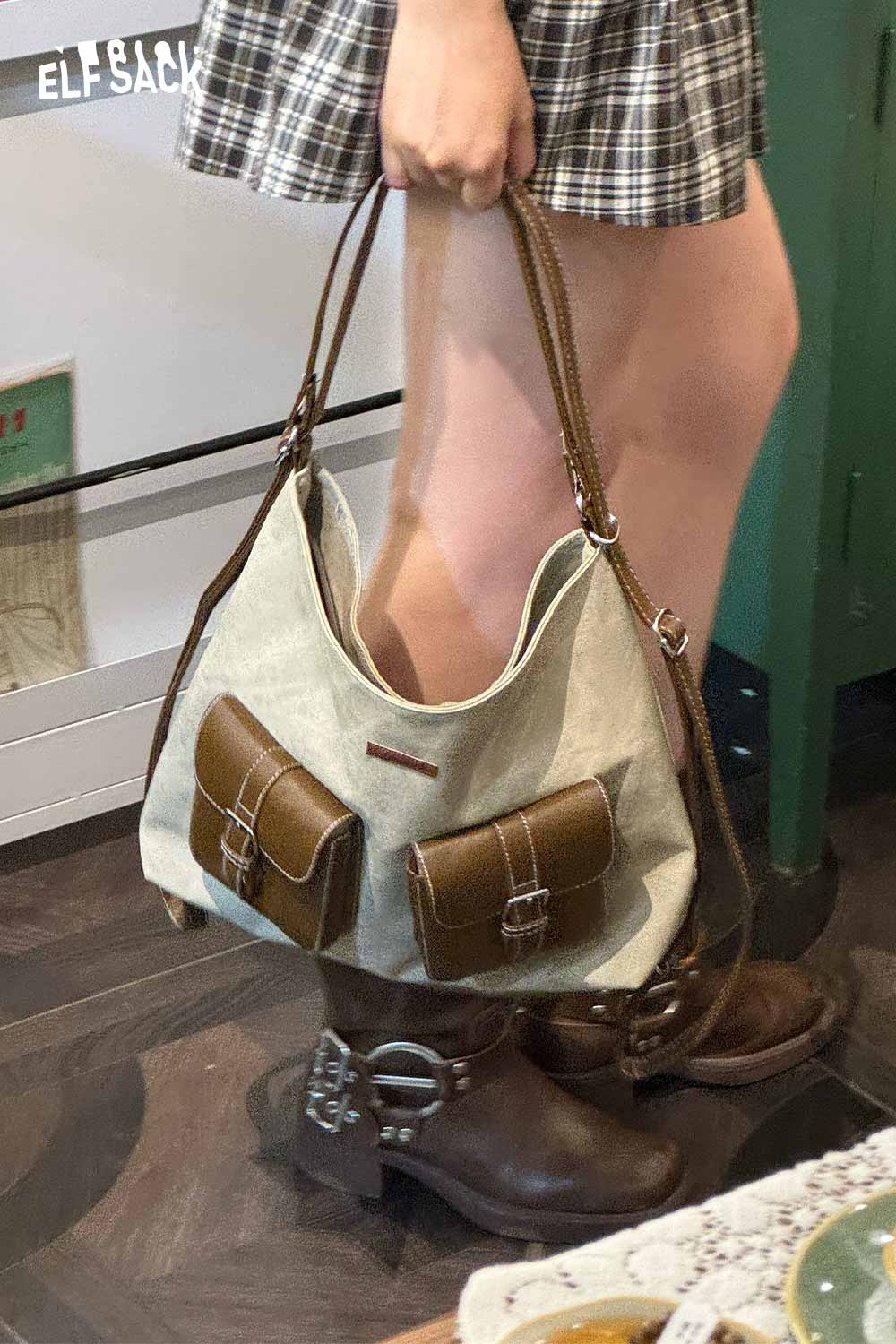 ELFSACK recycled faux leather crossbody bag with dual front pockets and stylish design