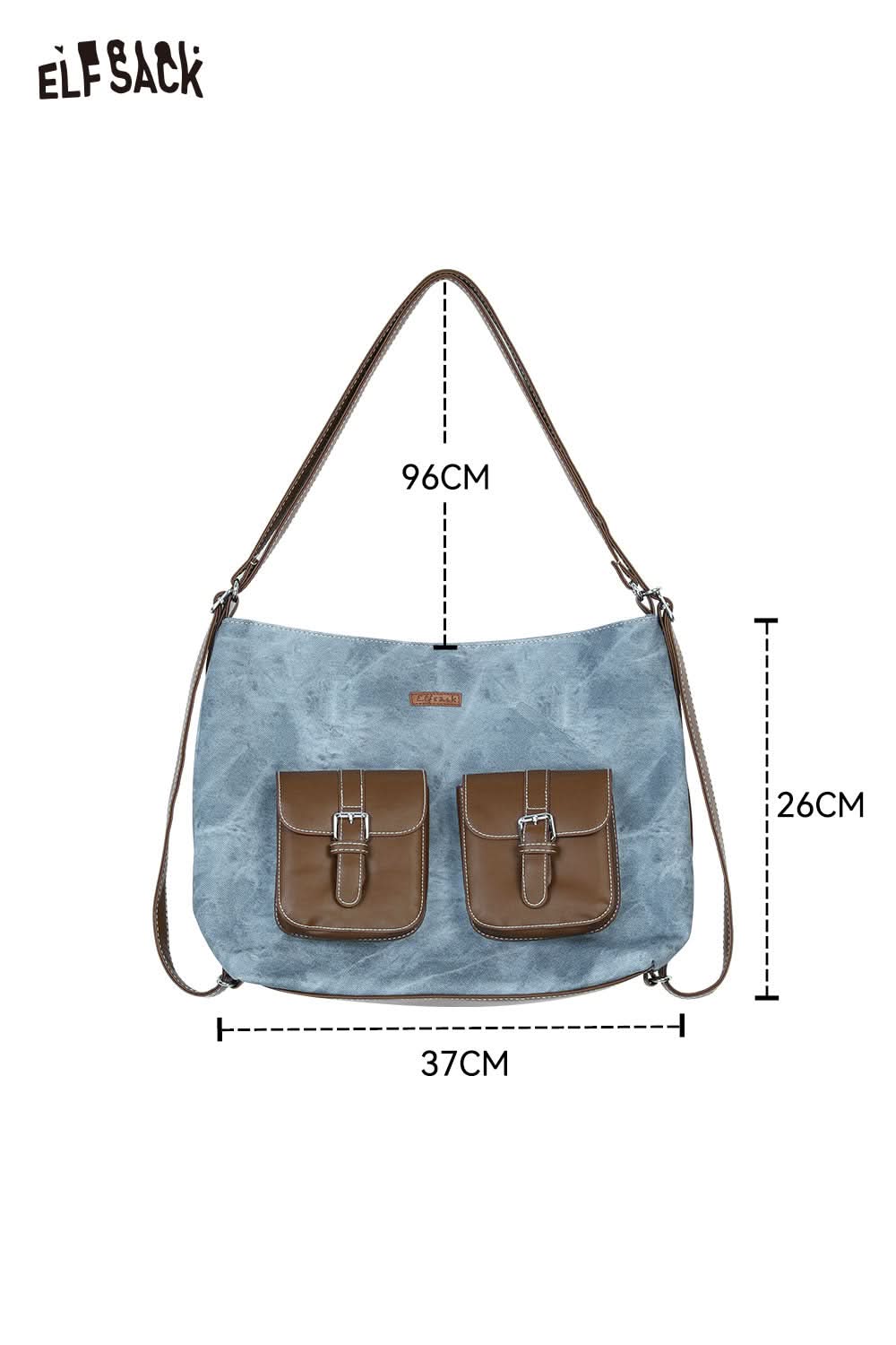 Light blue ELFSACK recycled faux leather crossbody bag with twin front pockets and adjustable strap