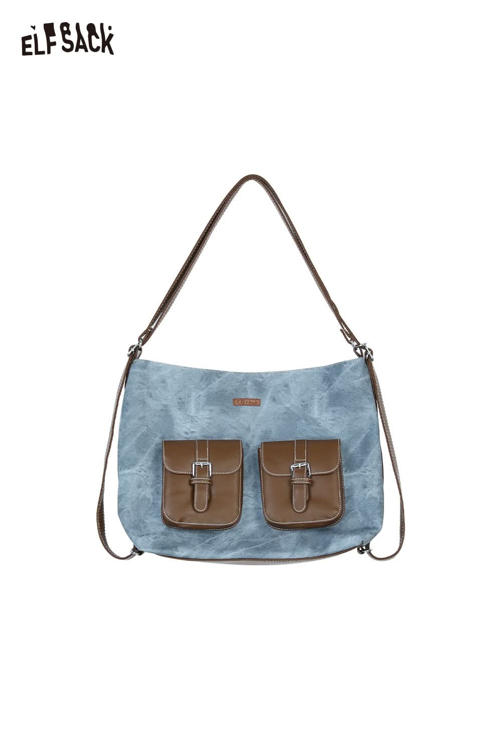 ELFSACK recycled faux leather crossbody bag in light blue with two front pockets and an adjustable strap