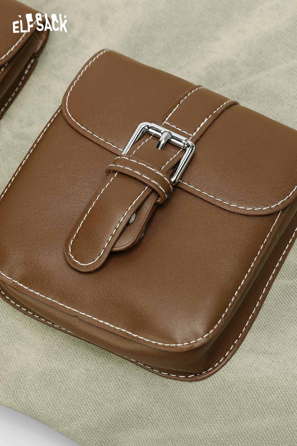 ELFSACK recycled faux leather crossbody bag in brown with a vintage buckle detail