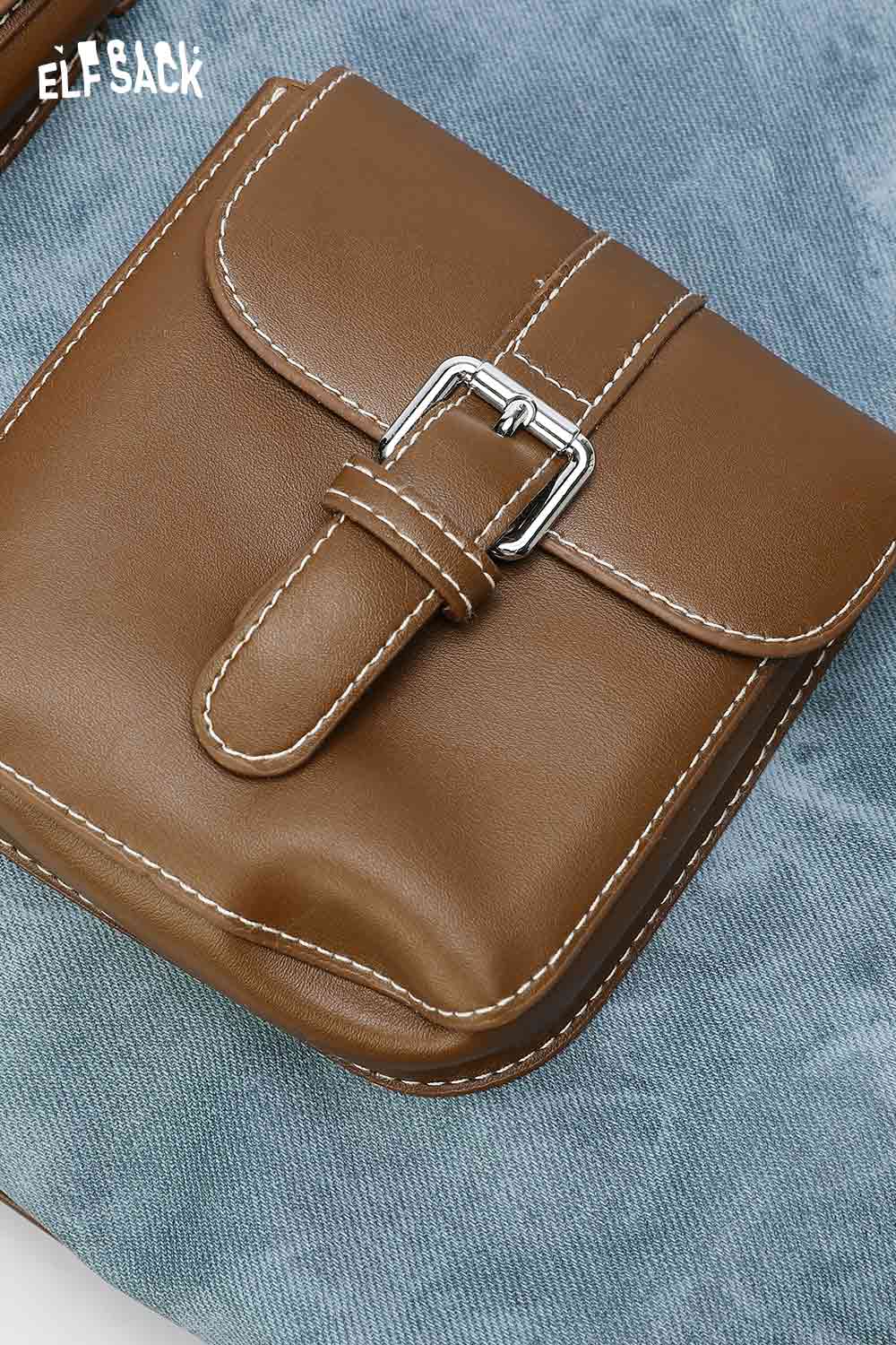 ELFSACK recycled faux leather crossbody bag in brown with a buckle closure and stylish design