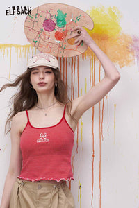 Red White Striped Beaded Knit Cami Top