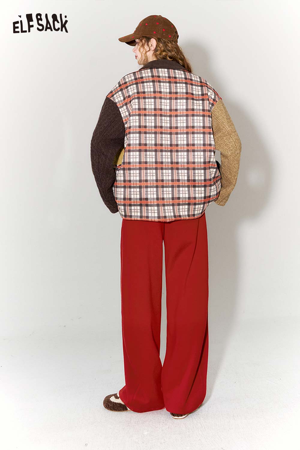 ELFSACK red wide leg pants for women paired with a stylish checkered jacket