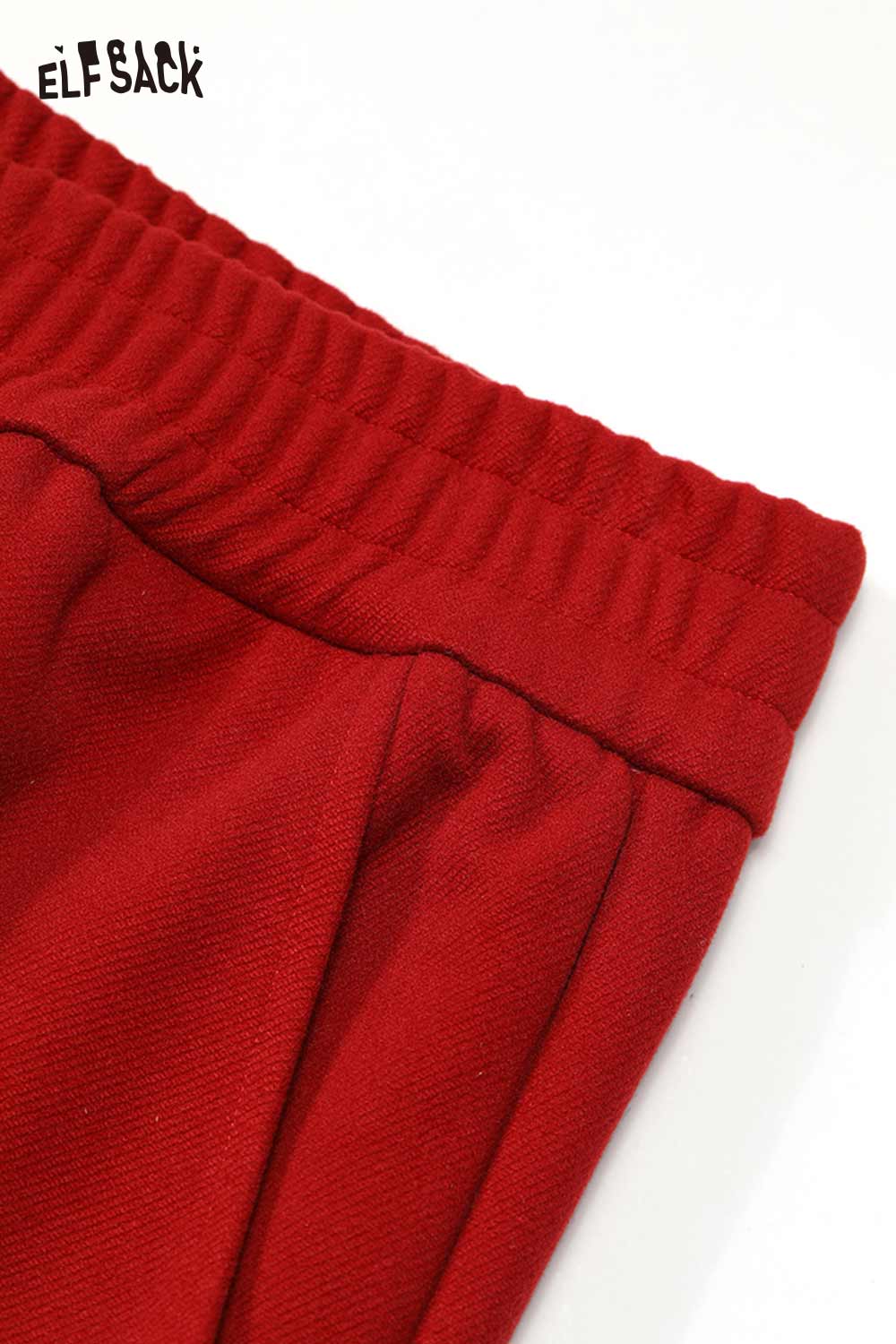 Close-up of red wide leg pants for women featuring an elastic waistband by ELFSACK