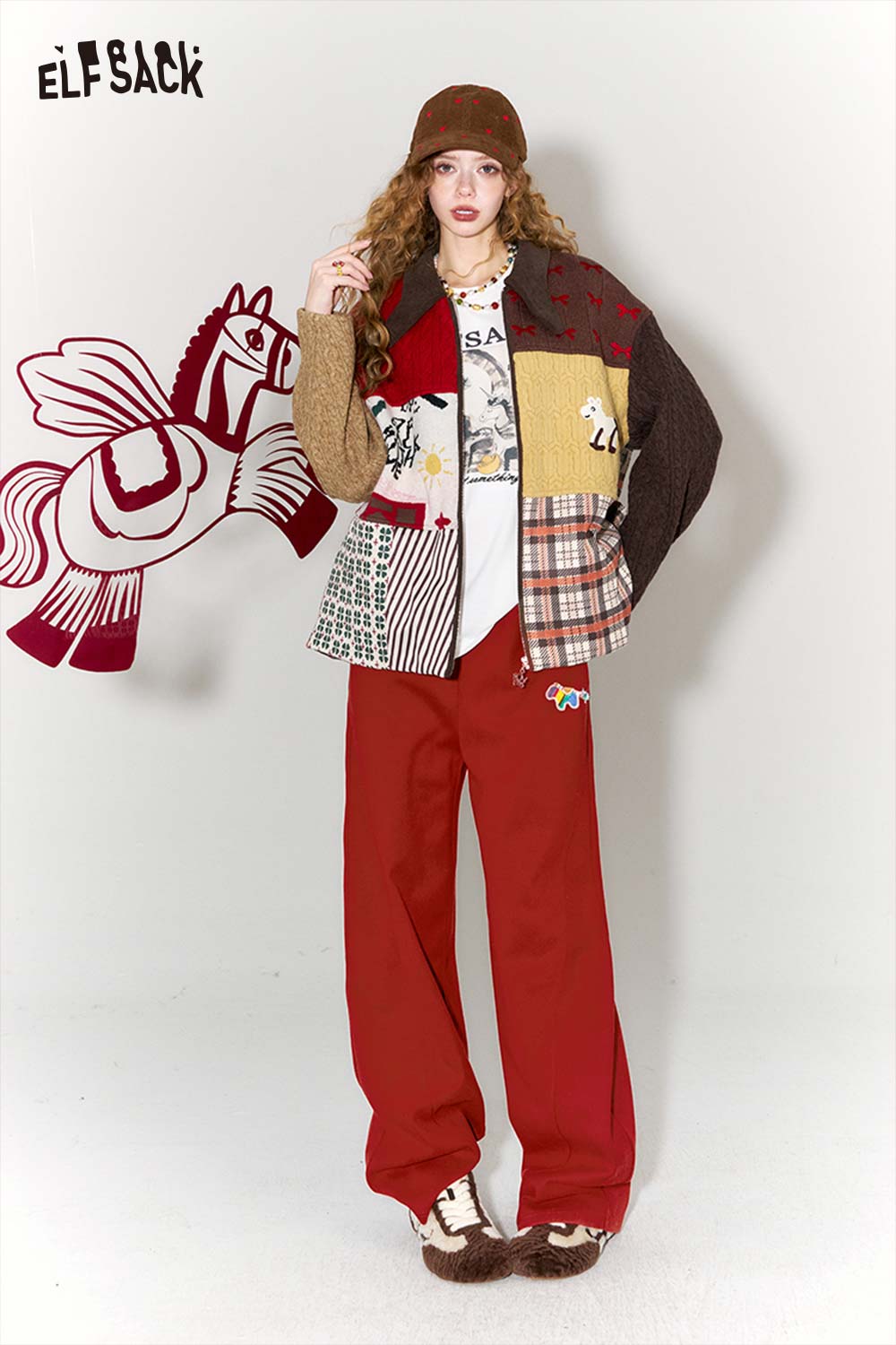 ELFSACK Red Wide Leg Pants for Women Styled with a Colorful Oversized Jacket