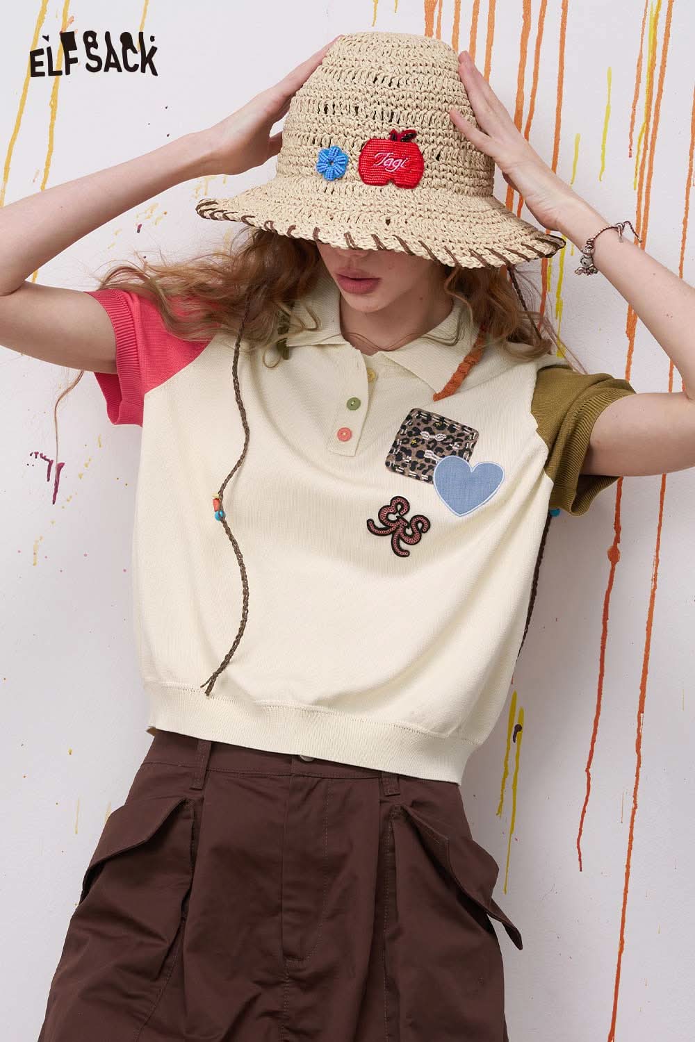 ELFSACK Retro Color Block Patchwork Long Sleeve Faux Ice Silk Knit Sweater