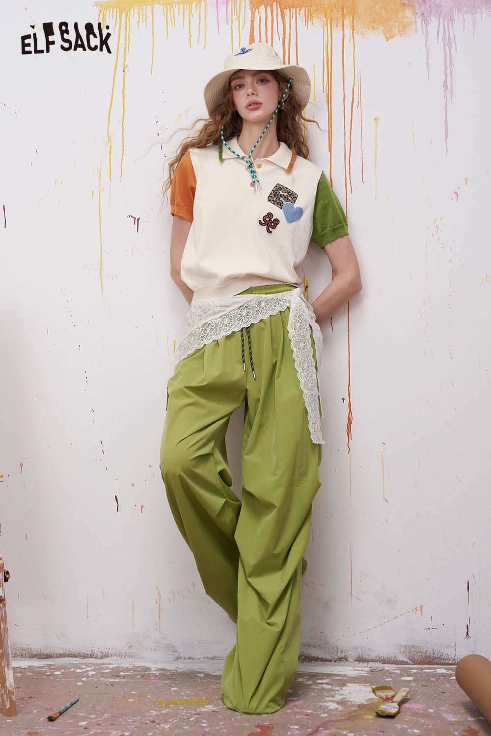 ELFSACK Retro Color Block Patchwork Long Sleeve Faux Ice Silk Knit Sweater