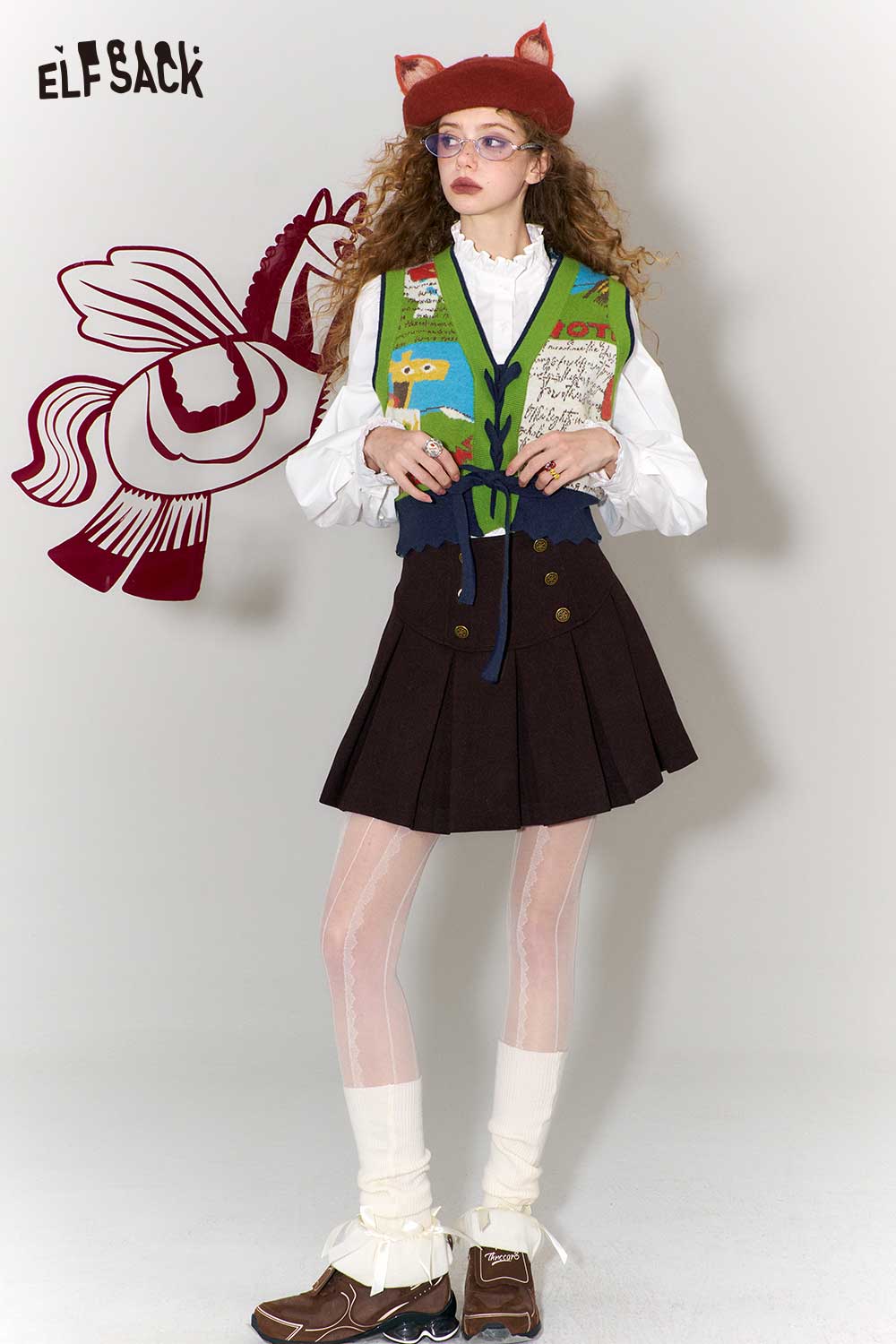 ELFSACK retro denim knit vest for women styled with a skirt and accessories for a playful look