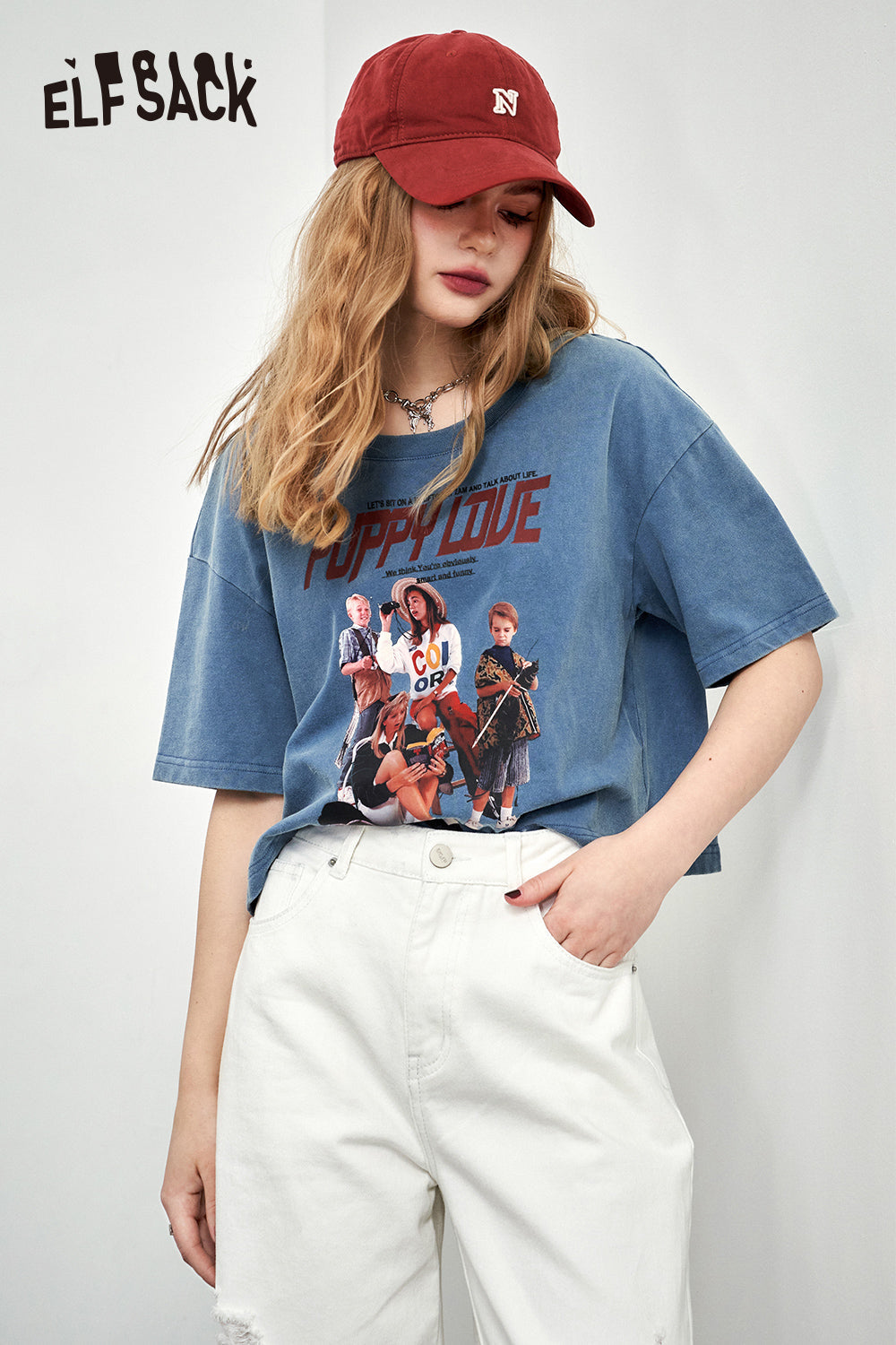 ELFSACK blue Retro Graphic oversized T-shirt with vintage cartoon print and short sleeves