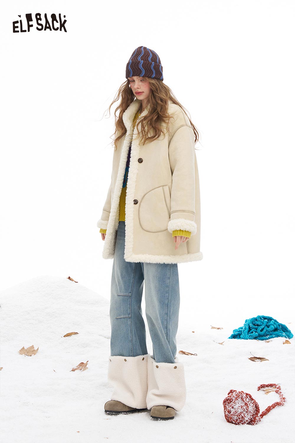 ELFSACK reversible plush long coat in cream with soft lining for stylish winter warmth
