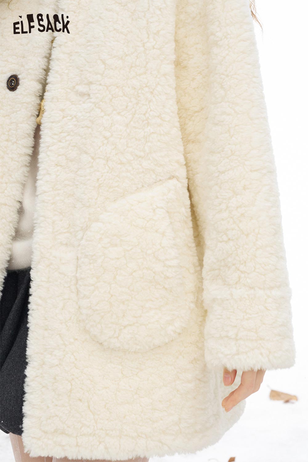 ELFSACK reversible plush long coat in cream color with a soft textured finish and side pocket
