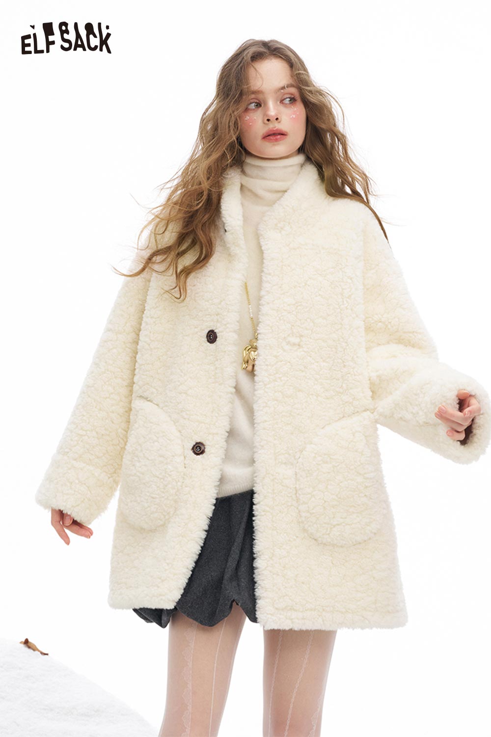 ELFSACK reversible plush long coat in cream with oversized pockets for cozy warmth