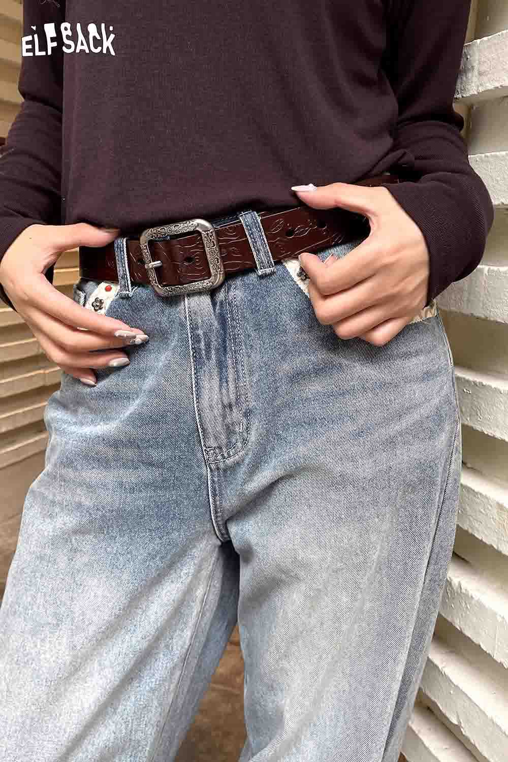 ELFSACK reversible rose pattern belt featuring a stylish design perfect for any casual outfit